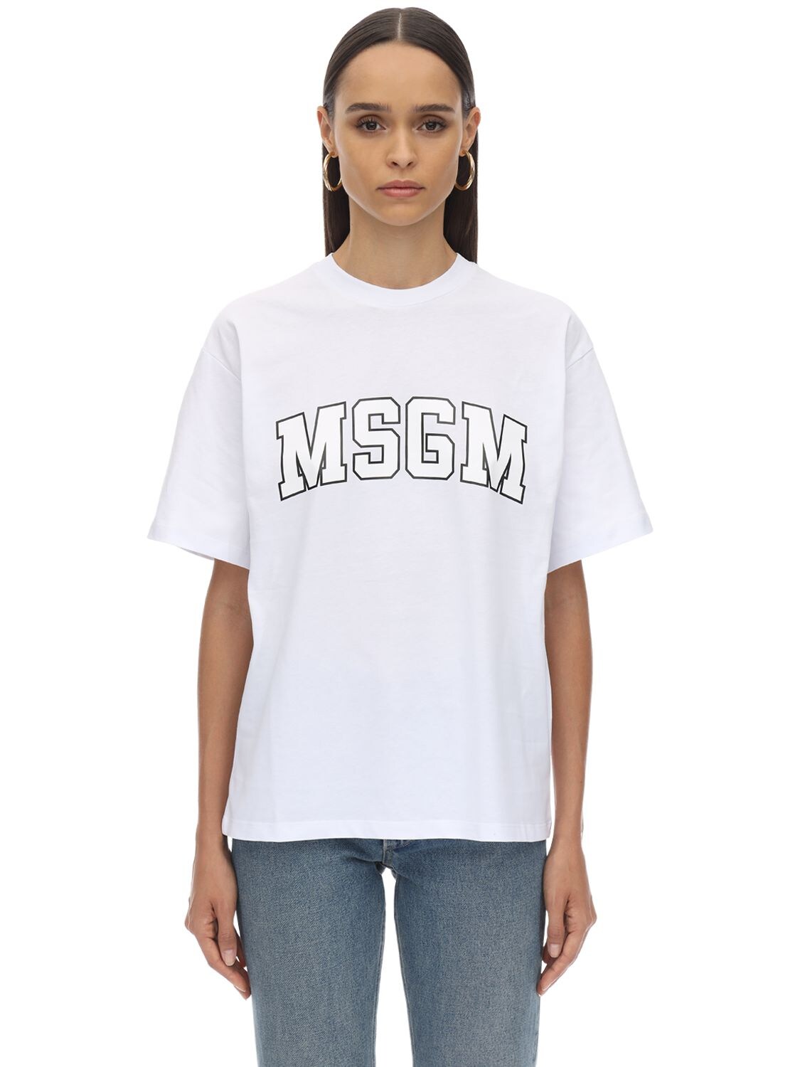 Msgm Logo印花纯棉平纹针织t恤 In White