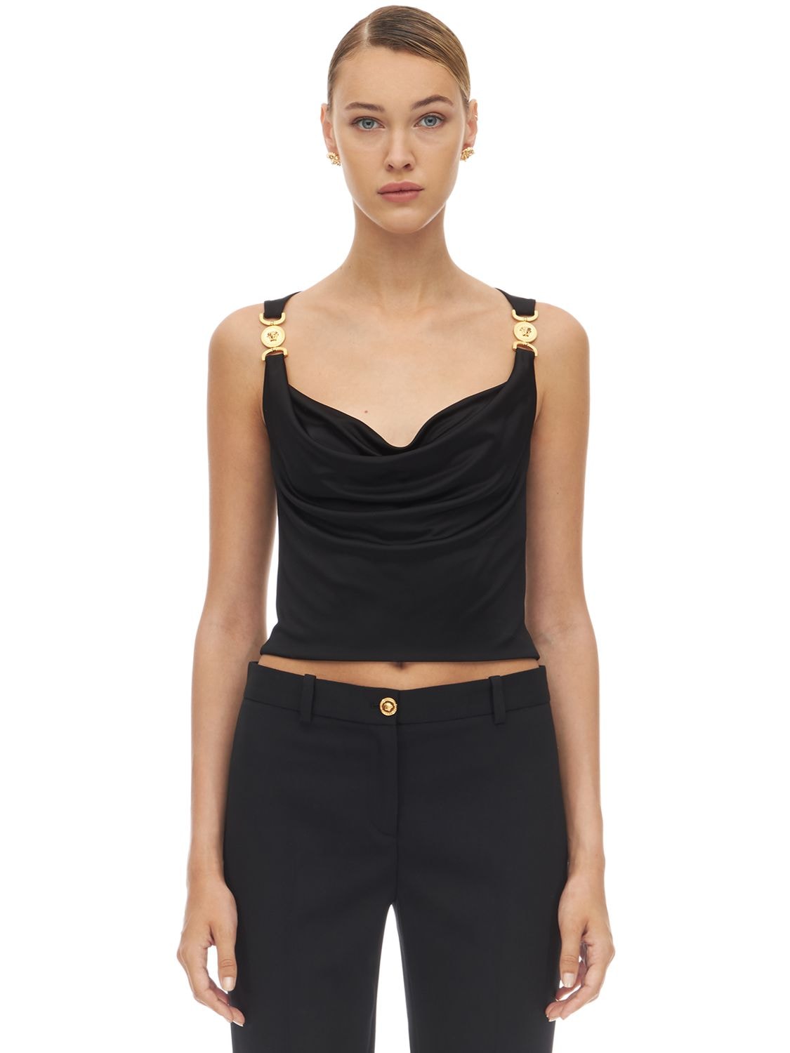 Versace Draped Stretch Jersey Top In Black