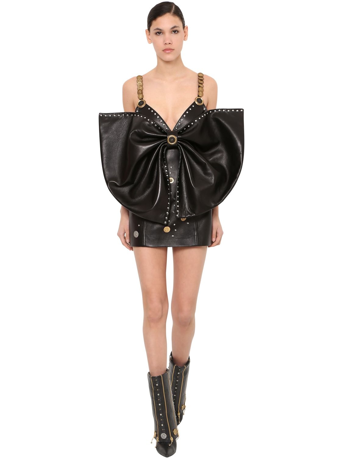 Fausto Puglisi Detachable Bow Leather Mini Dress In Black