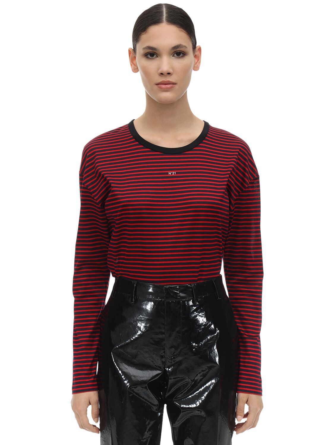 N°21 Striped Logo Cotton Jersey T-shirt In Red,black