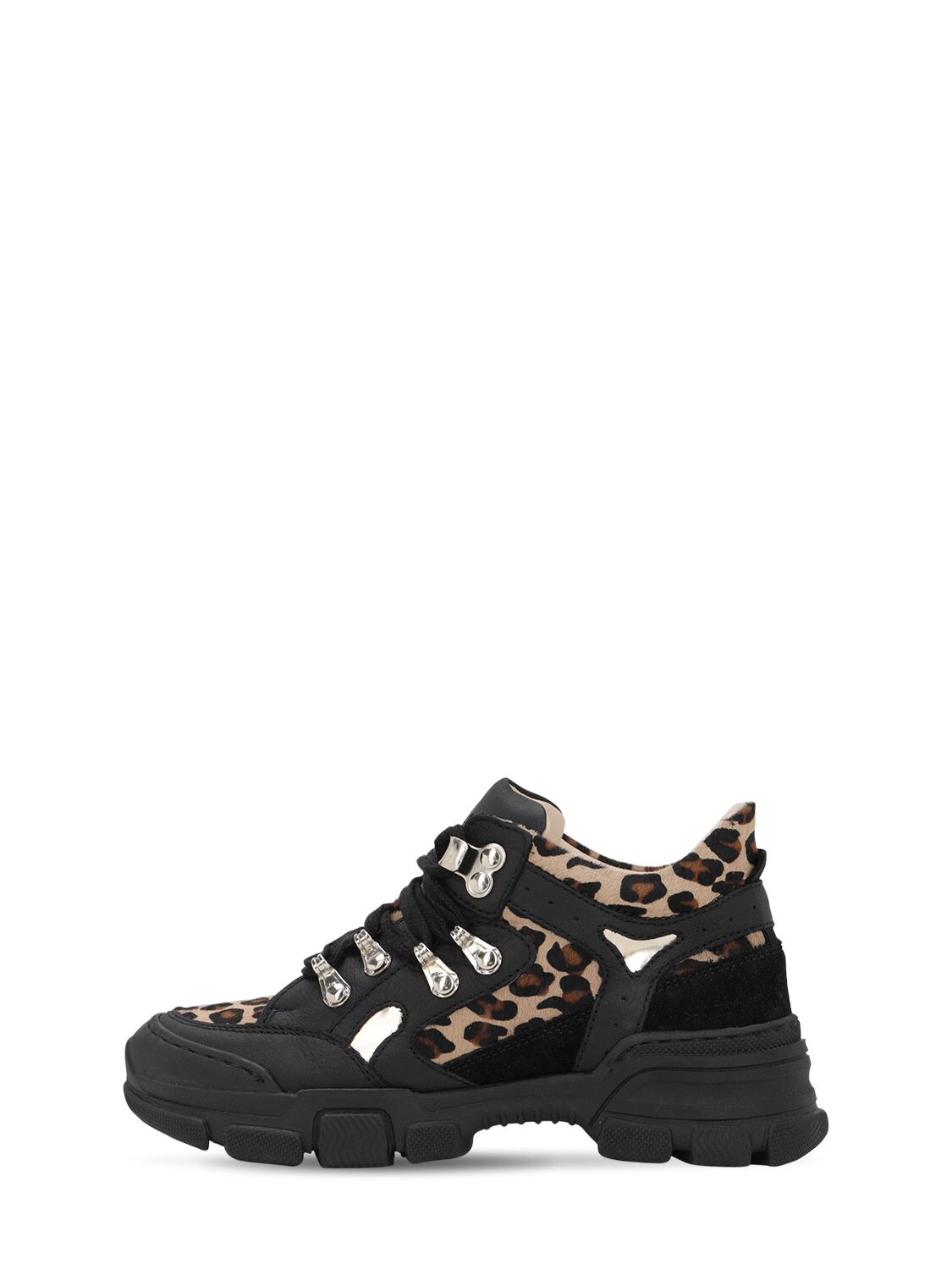 Florens Kids' Leopard Print Leather & Suede Boots In Black