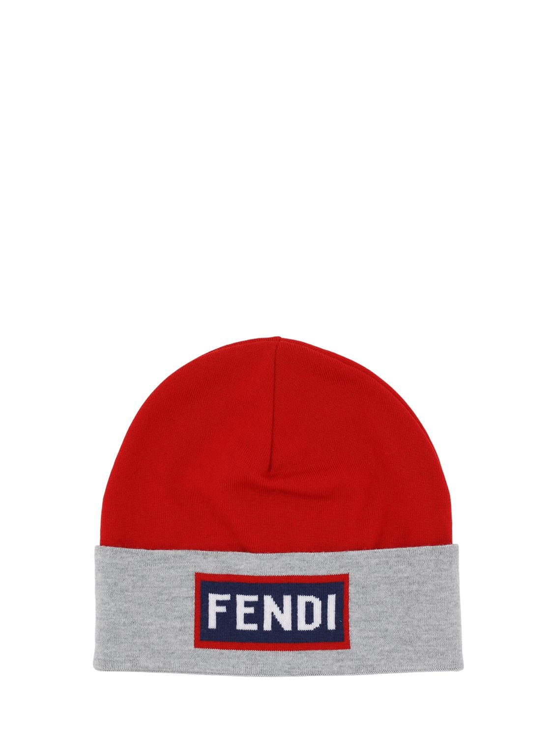 Fendi Kids' Logo Intarsia Virgin Wool Hat In Red,grey