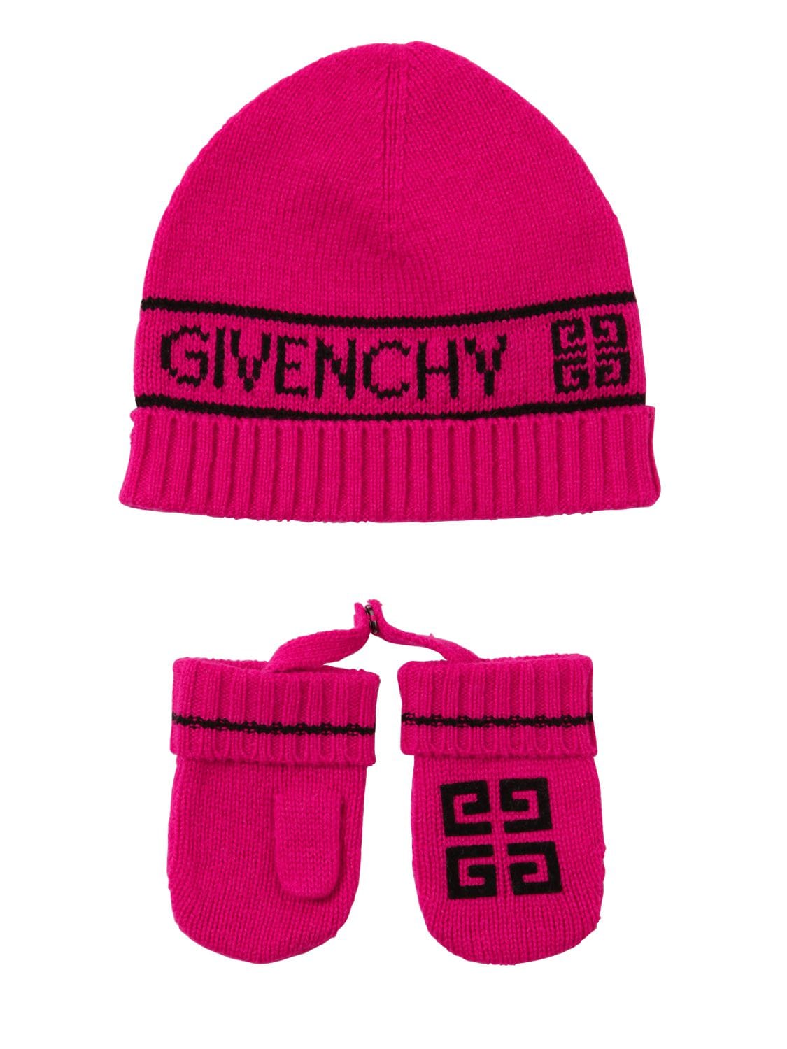 Givenchy Kids' 羊毛&羊绒混纺帽子和手套 In Fuchsia