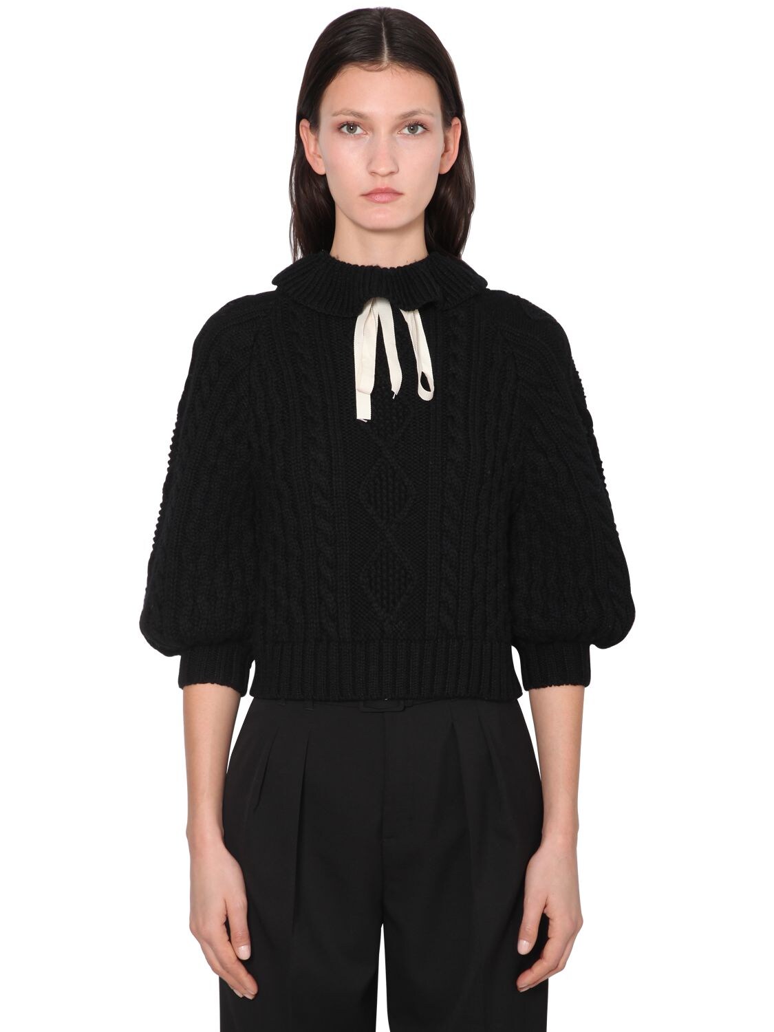 Red Valentino Ruffled Wool Blend Knit Sweater In Black