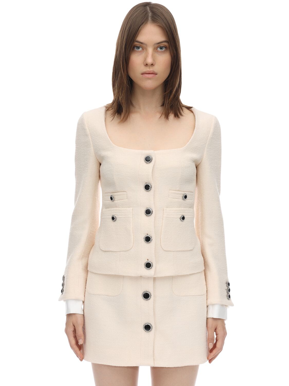 Alessandra Rich Lacquered Button Tweed Jacket In Ivory