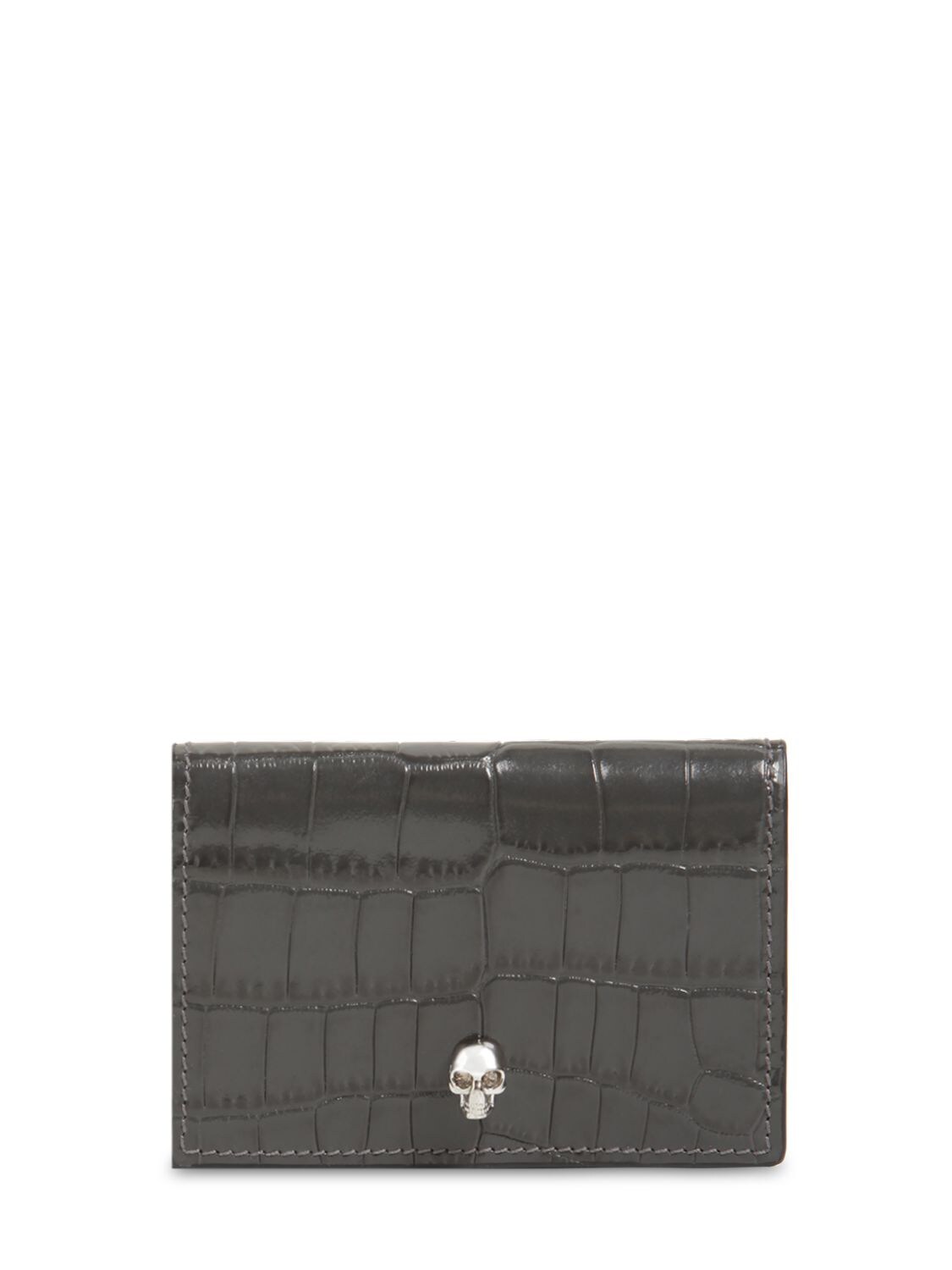 Alexander Mcqueen Croc Embossed Leather Card Holder In Graphite Grey