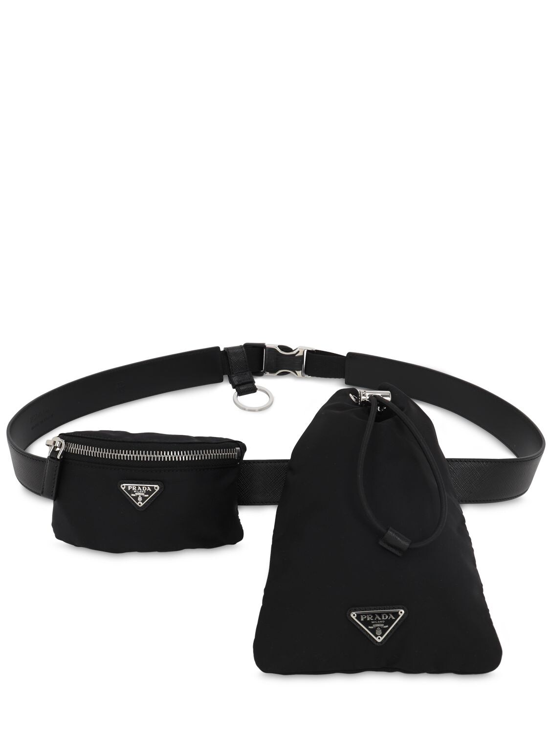 Prada Leather Belt W/ Detachable Nylon Pouches In Black