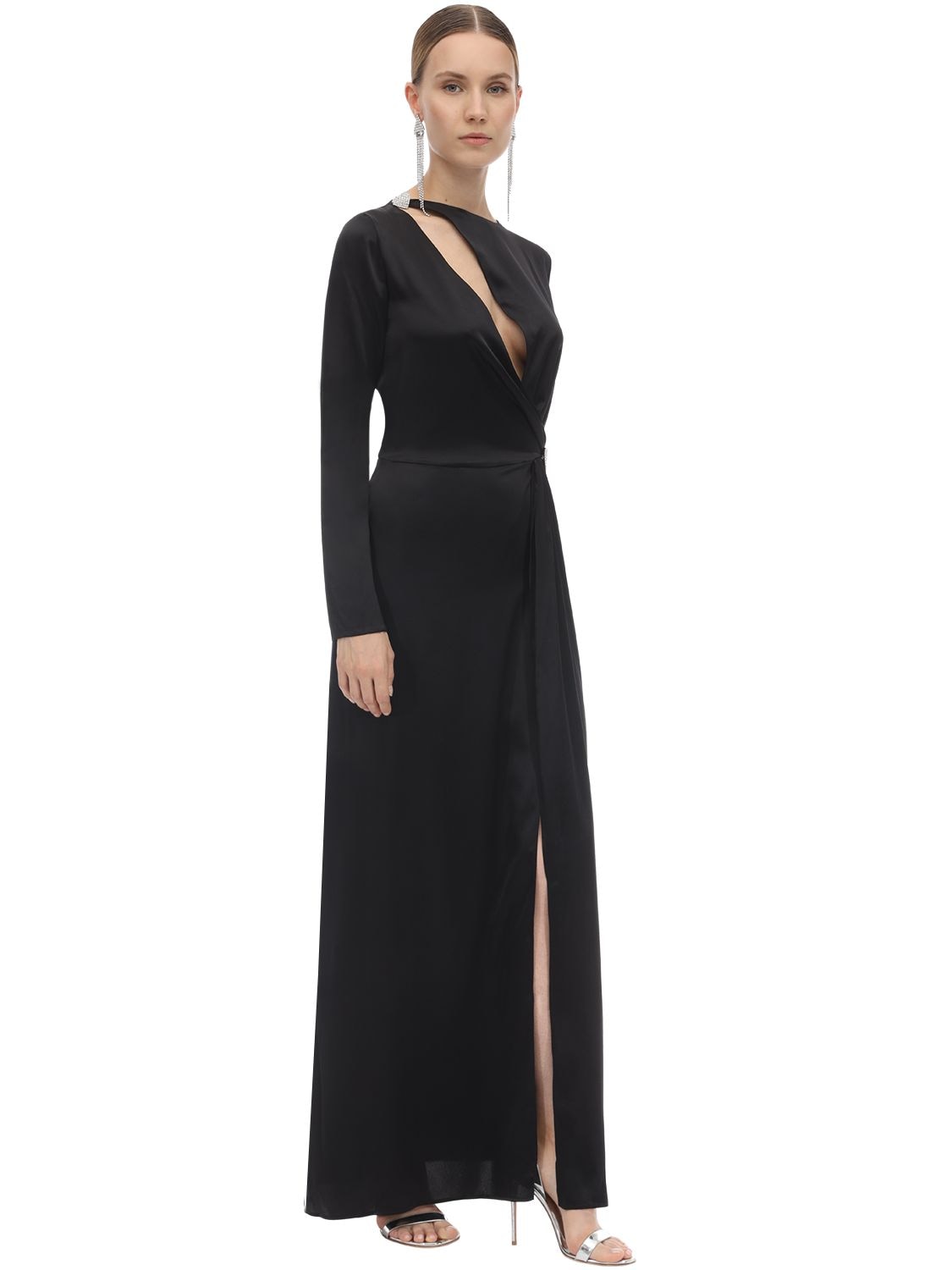 Silvia Astore Embellished Long Satin Dress In Black