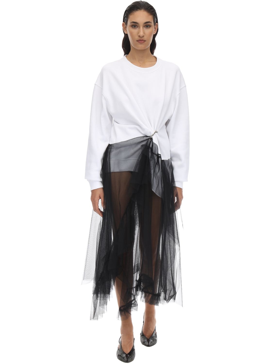 Act N°1 Buckled Cotton Sweatshirt & Tulle Dress In White