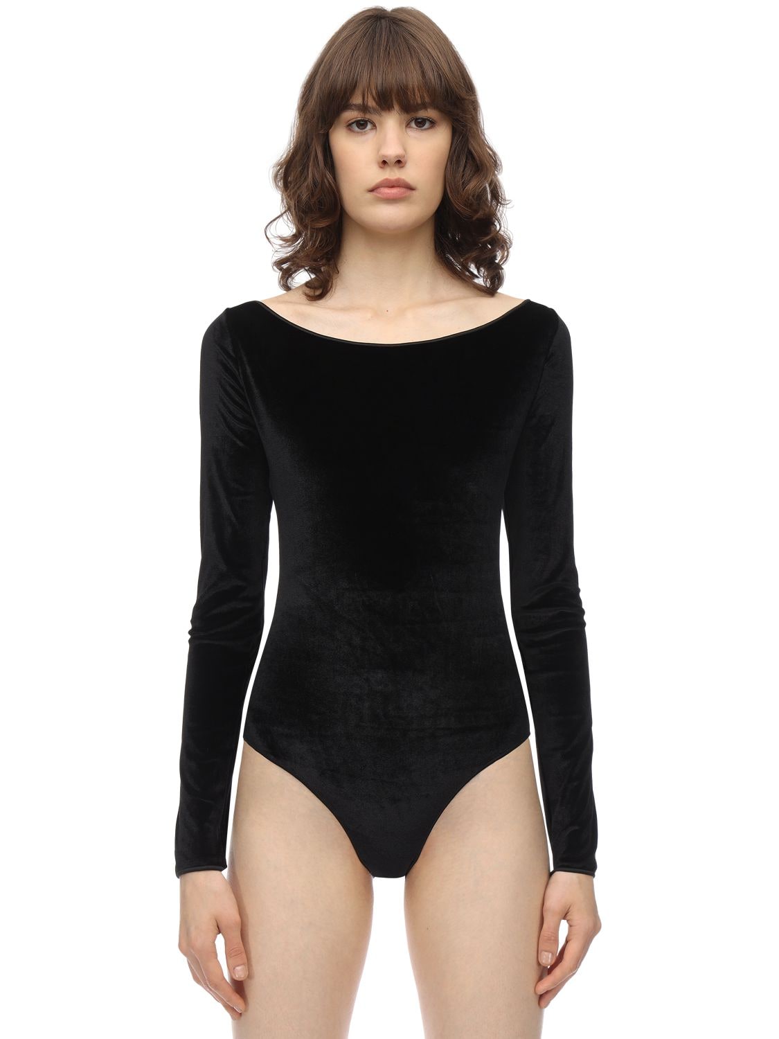 Oséree Swimwear Long Sleeve Velvet One Piece Swimsuit In Black