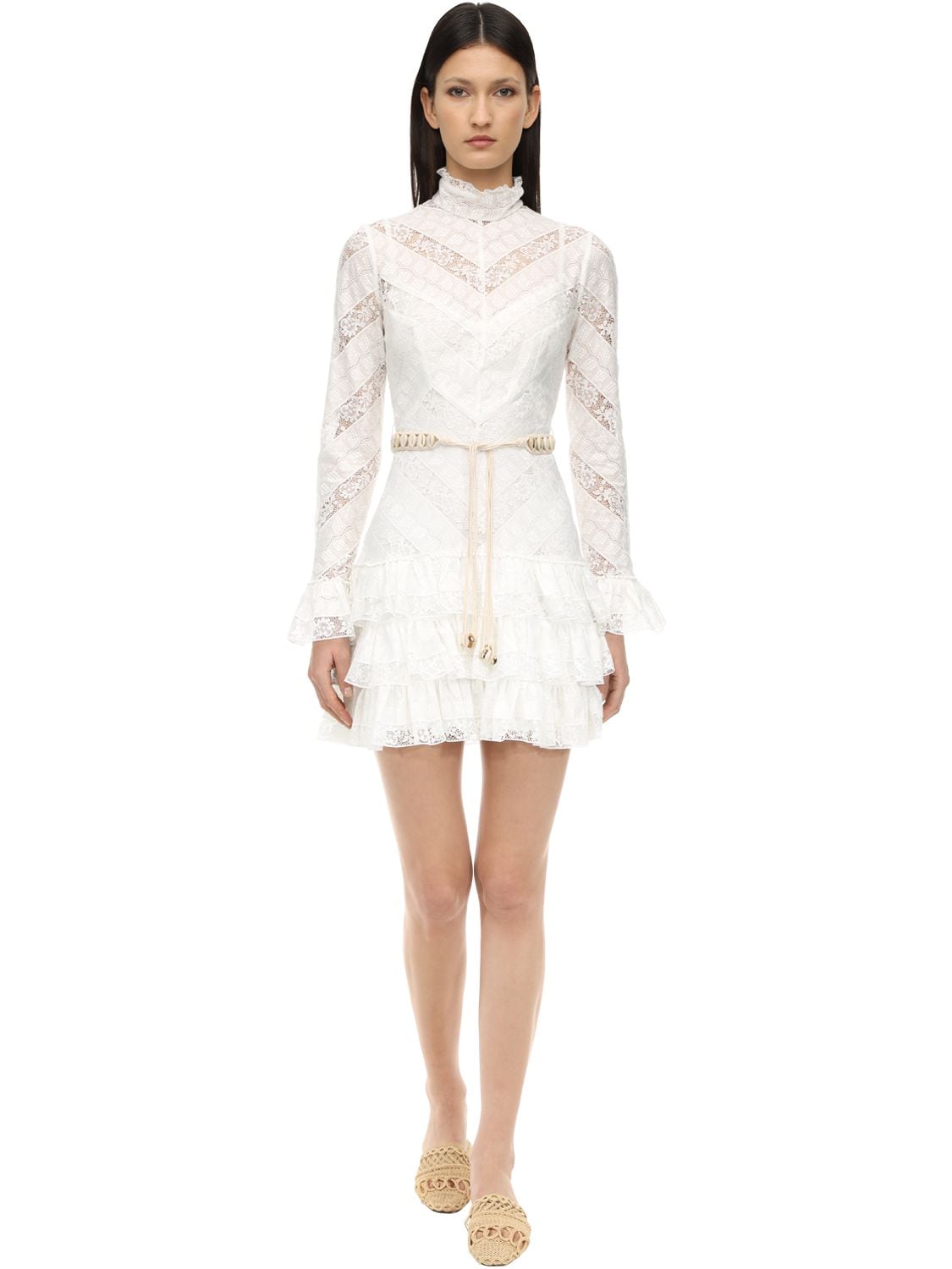 Zimmermann Bonita Belted Lace Mini Dress In Ivory