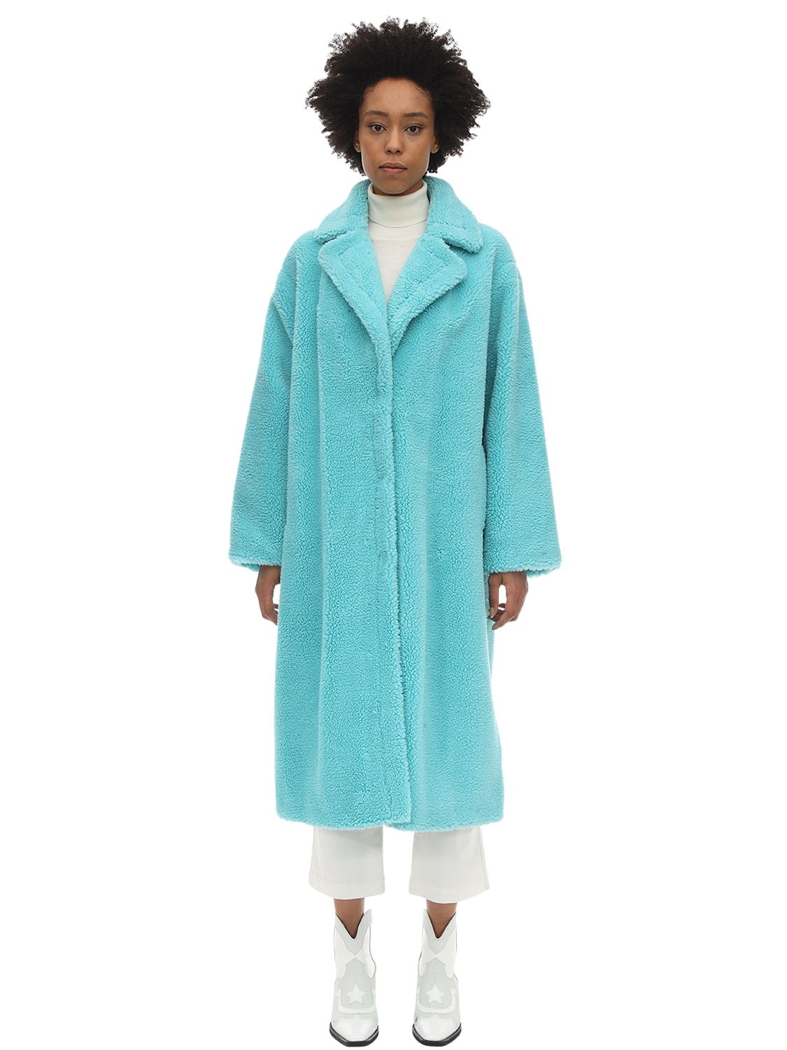 Stand Studio Stand Camille Faux Shearling Cocoon Coat In Turquoise