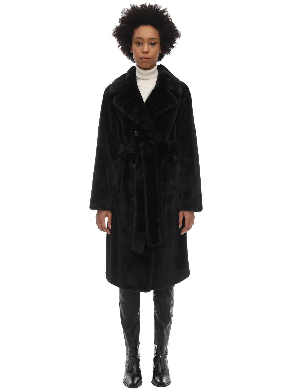 Stand Studio Faustine Faux Fur Midi Coat In Black