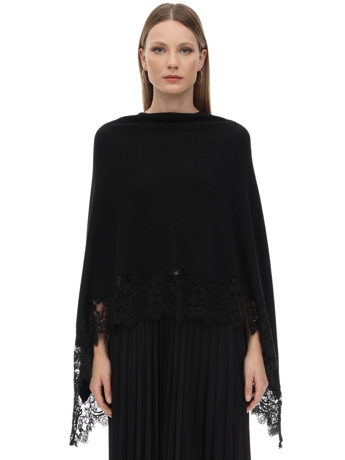 Pink Memories Triangle Angora Blend & Lace Poncho In Black