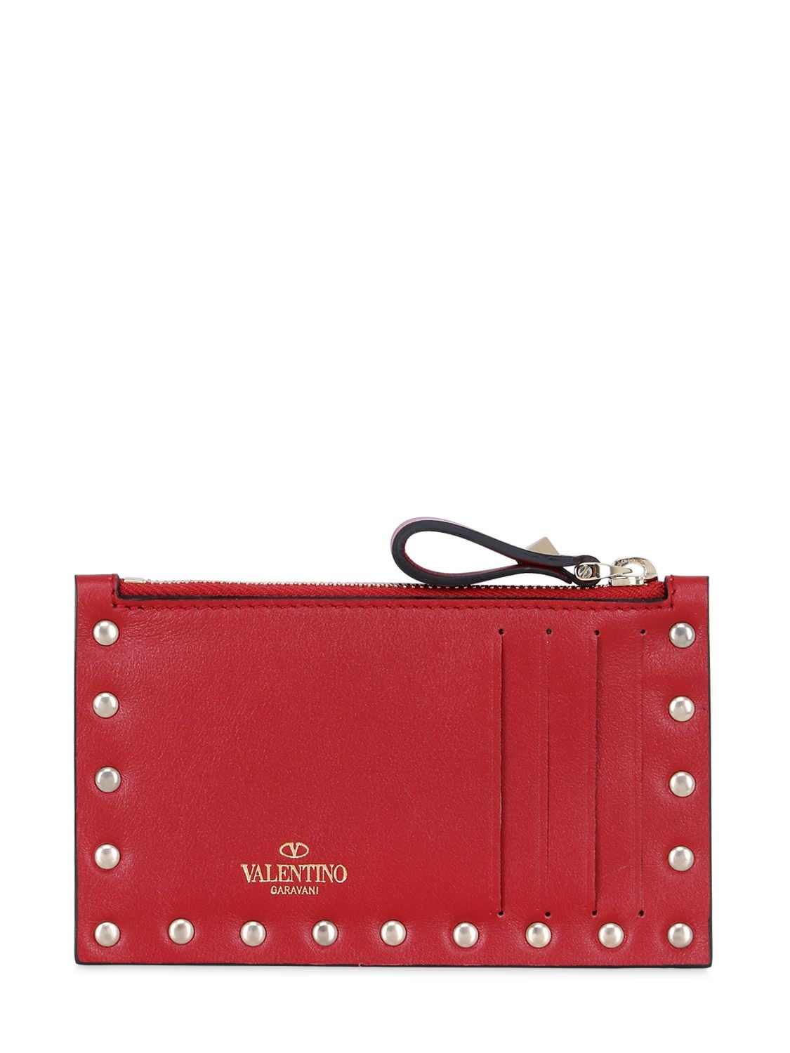 Shop Valentino Rockstud Leather Card Holder In Rouge Pur
