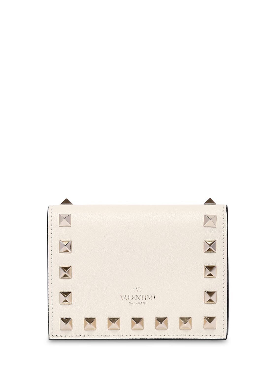 Shop Valentino Rockstud Leather Compact Wallet In Light Ivory