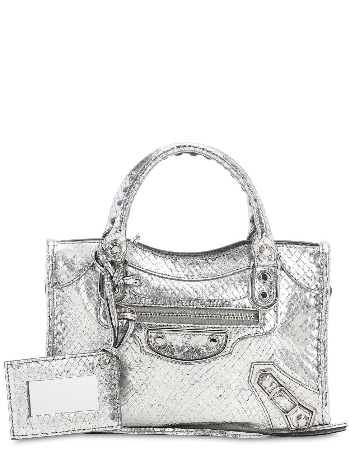 Balenciaga Mini Classic City Embossed Leather Bag In Silver