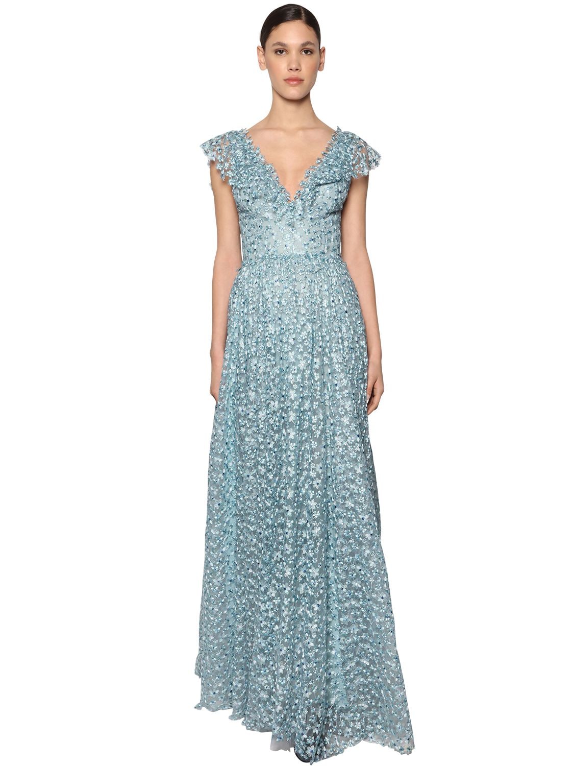 Luisa Beccaria Long Embroidered Chiffon Dress In Multi,blue