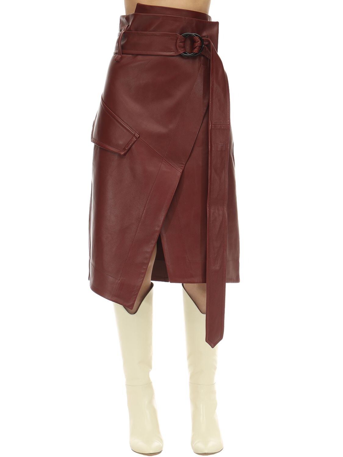 burgundy leather midi skirt