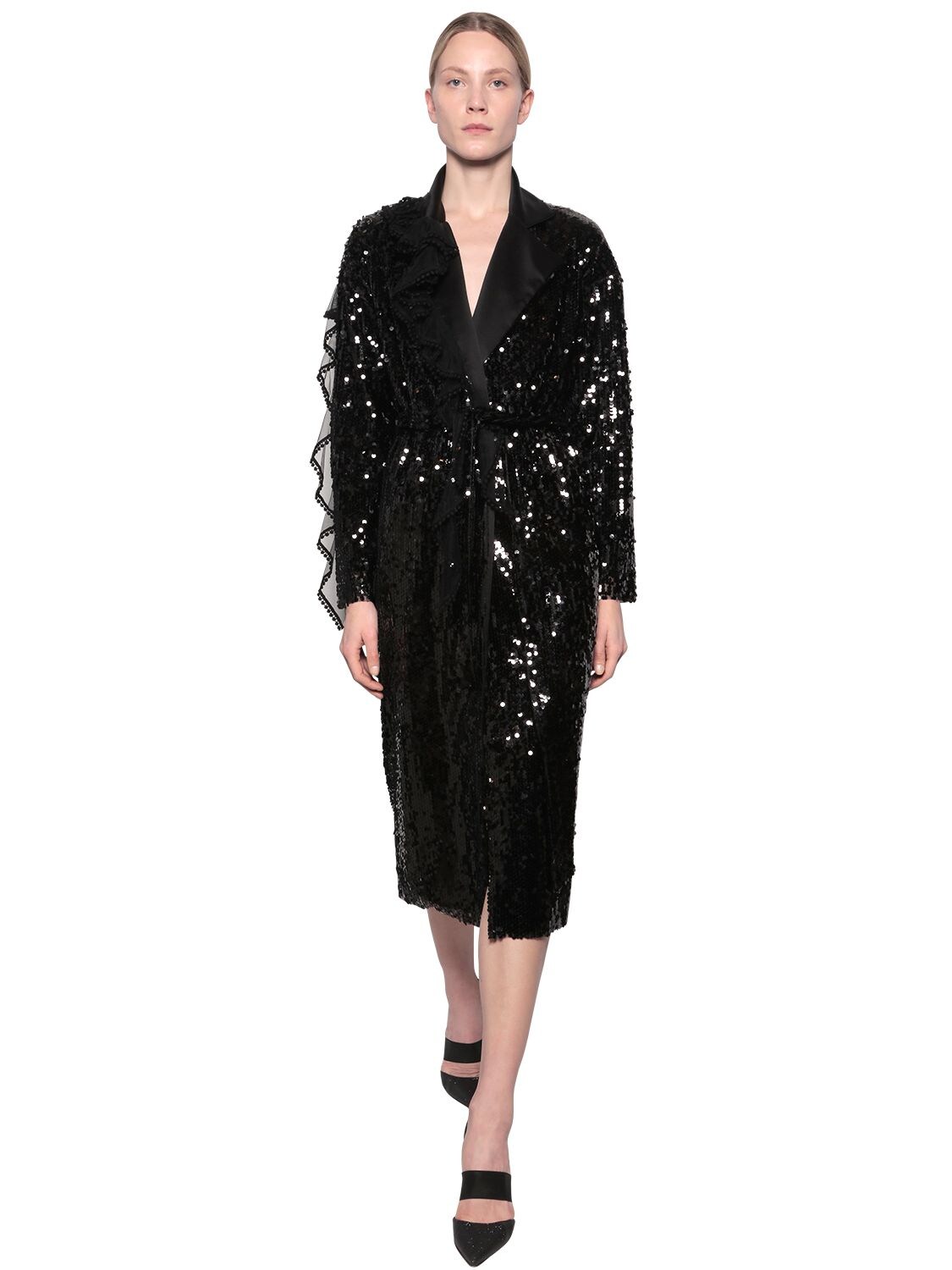 Act N°1 Straight Sequin Embellished Trench Coat In Black