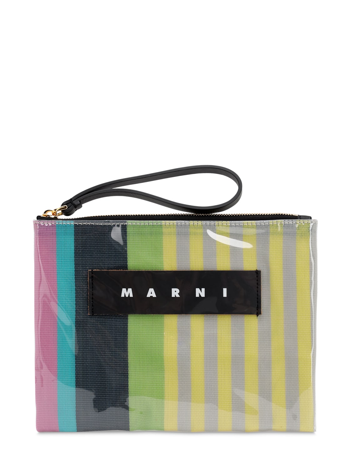 Marni Small Striped Canvas & Plastic Pouch In Pink Candy