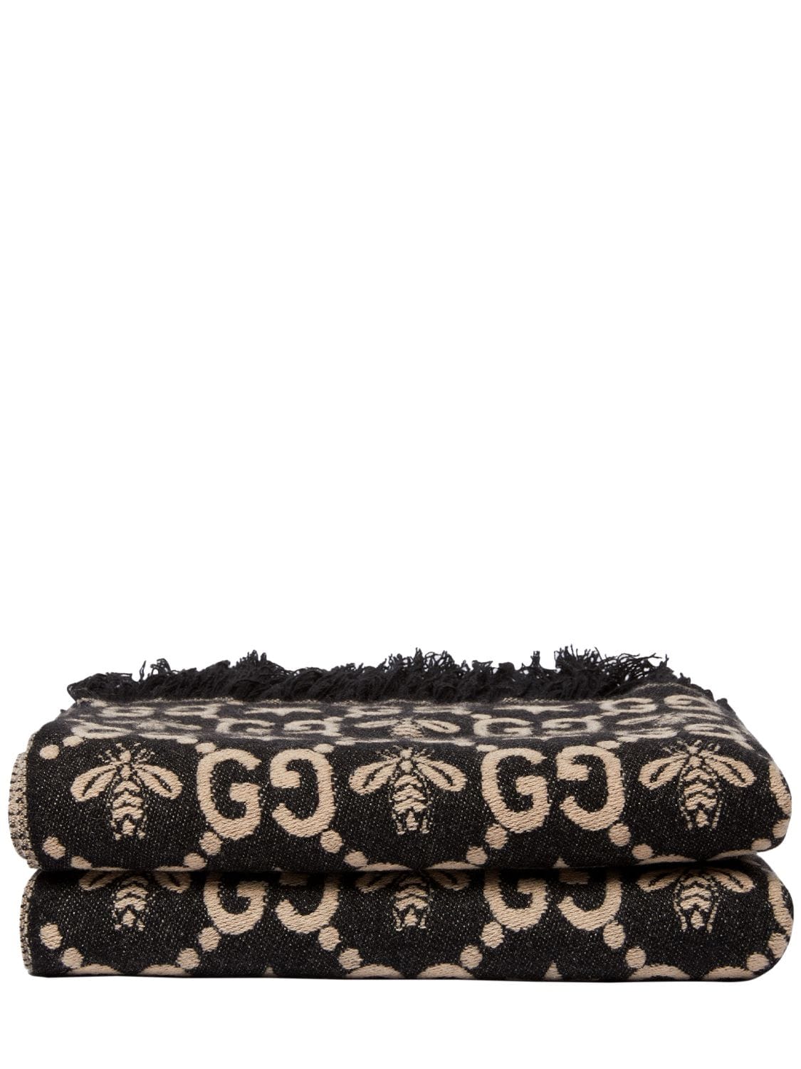Shop Gucci Gg Patterned Wool Blend Throw W/ Fringe In Beige,black