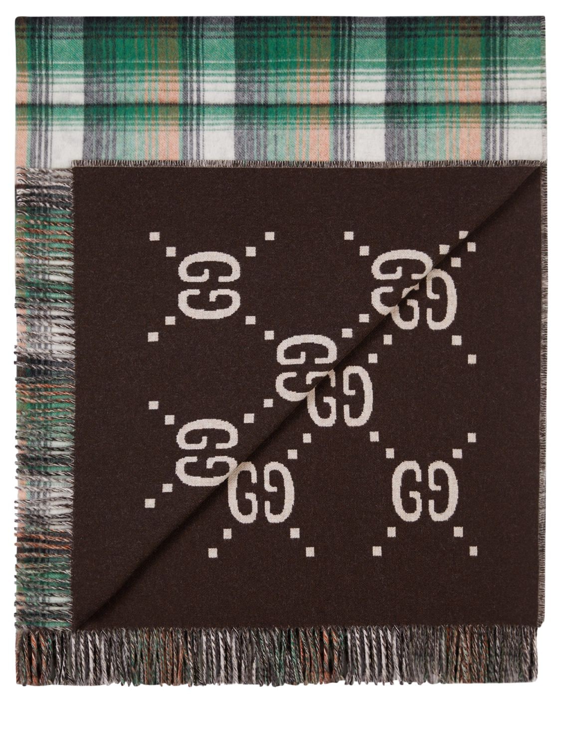 Gucci Gg Reversible Wool Throw In Green,brown