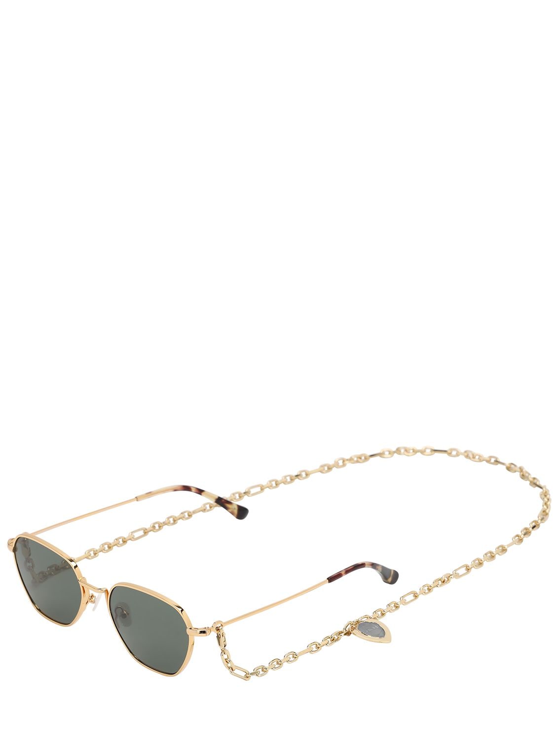 Alessandra Rich Squared Sunglasses W/ Chain In Gold,green