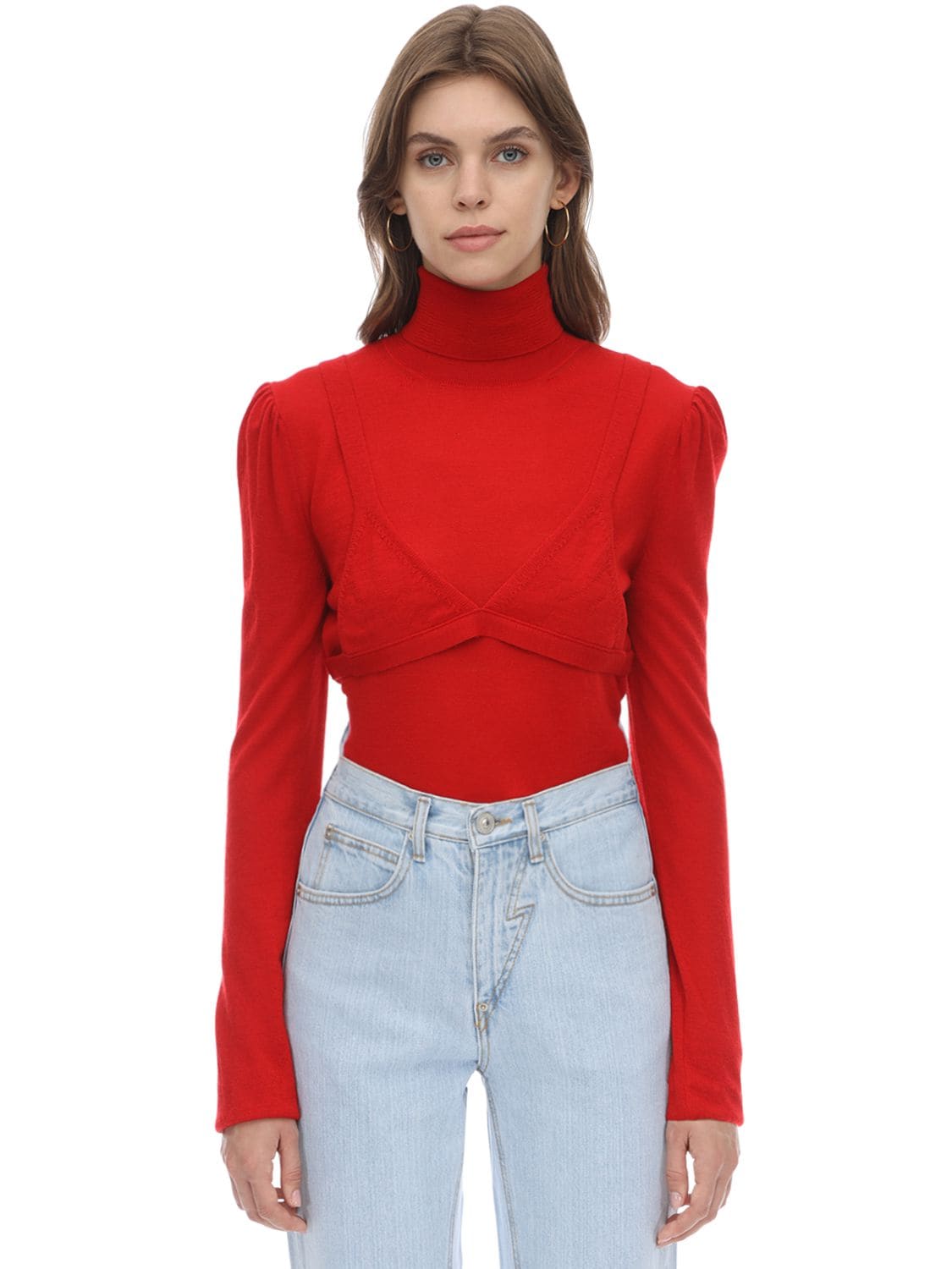 Pushbutton Wool Blend Knit Sweater W/ Bra In Red