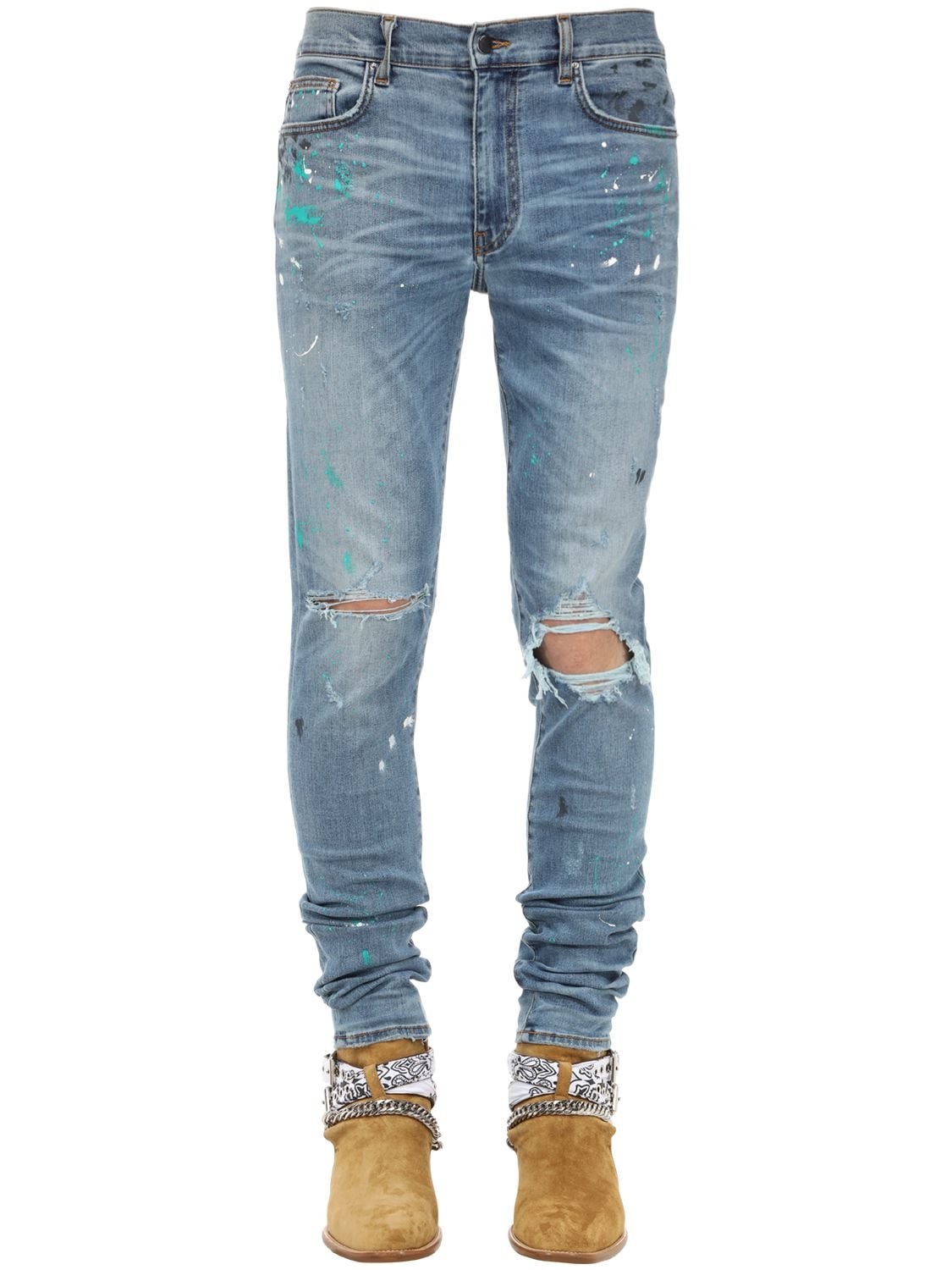 Amiri 15cm Paint Splatter Cotton Denim Jeans In Blue
