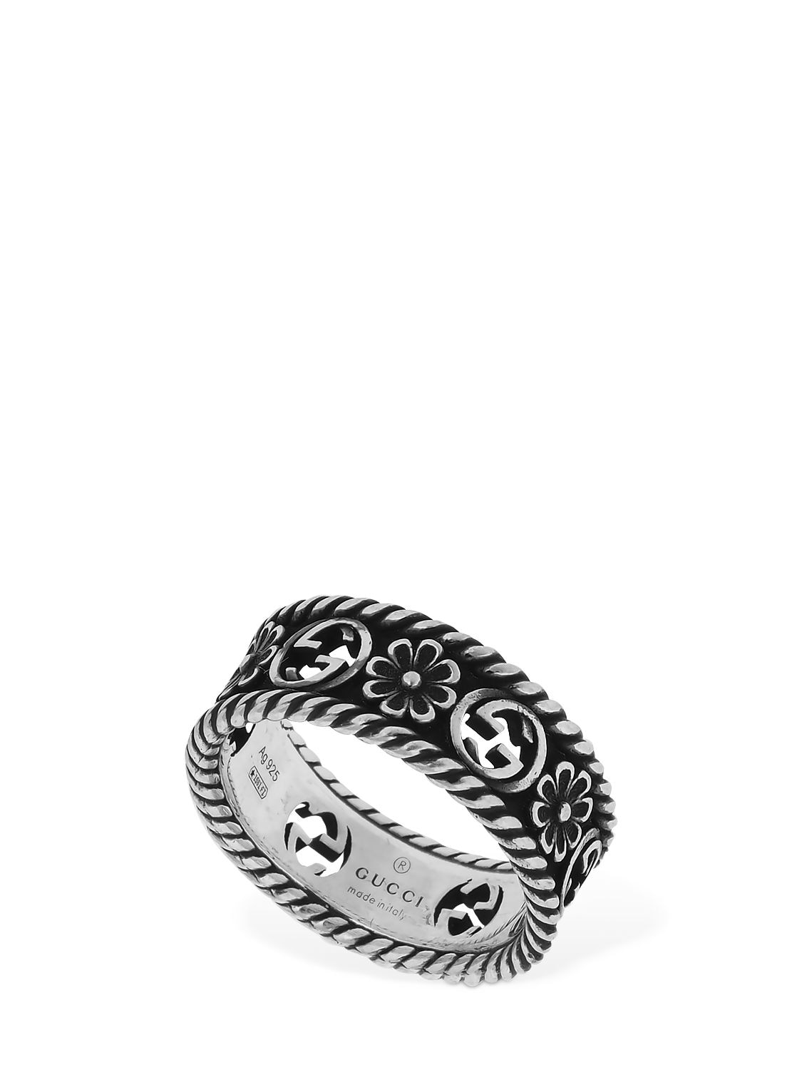 Gucci Silver Interlocking G & Flower Ring | ModeSens