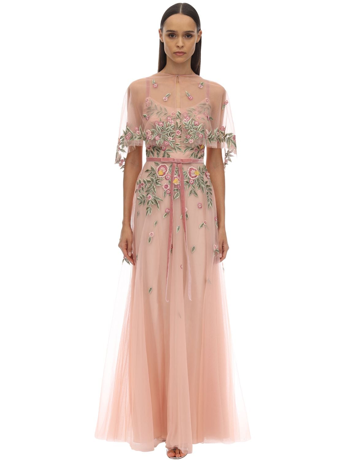 Marchesa Notte Long Embroidered Tulle Dress W/ Cape In Pink