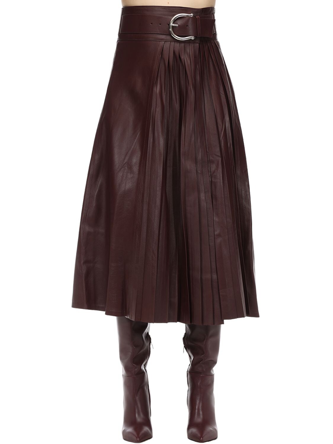 Dodo Bar Or Belted Leather Midi Skirt W/ Pleats In Bordeaux