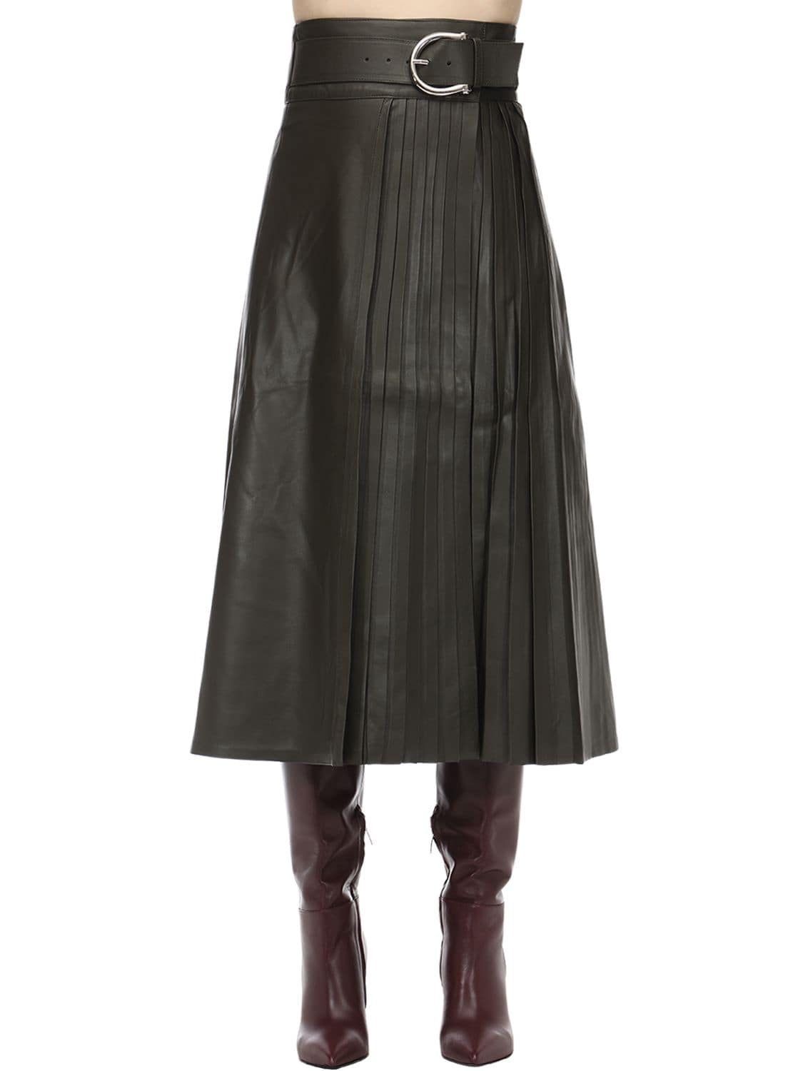Belted Leather Midi Skirt W/ Pleats