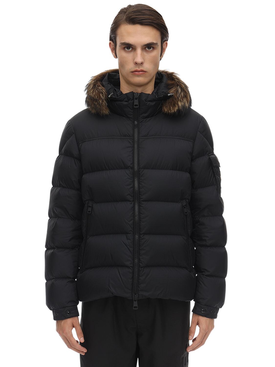 Moncler Marque Down Jacket W/ Coyote Fur Collar In Black