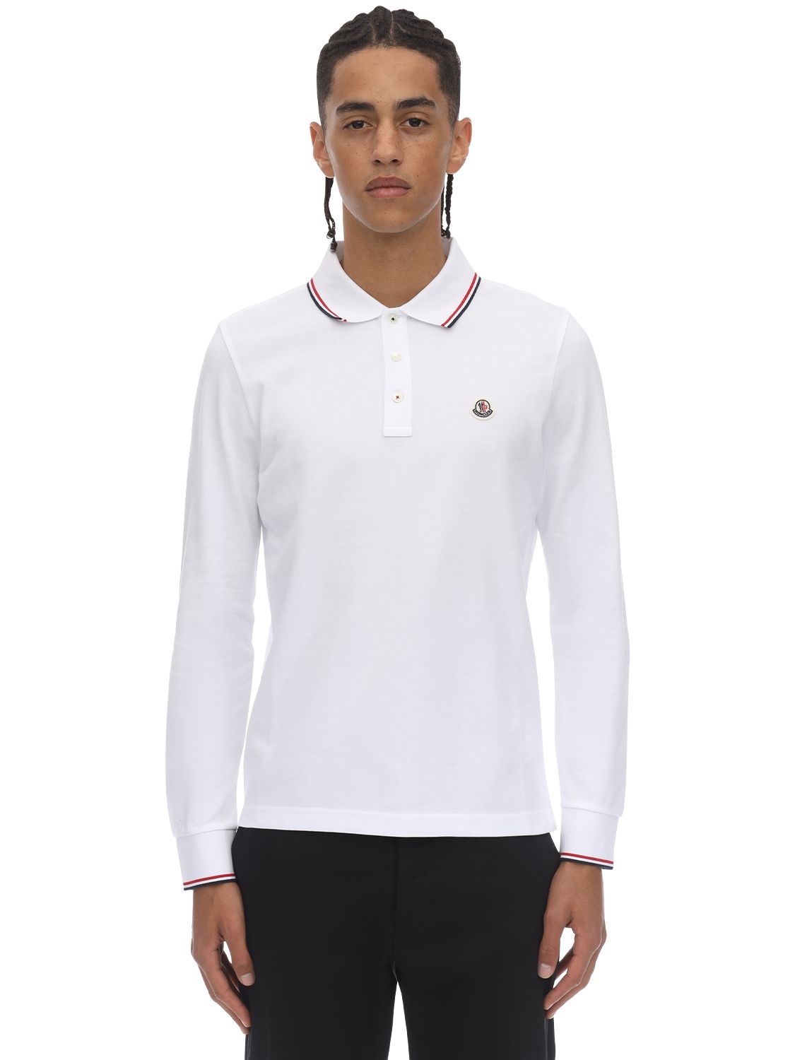 Moncler Logo Patch Cotton Polo Pique Ls Shirt In White