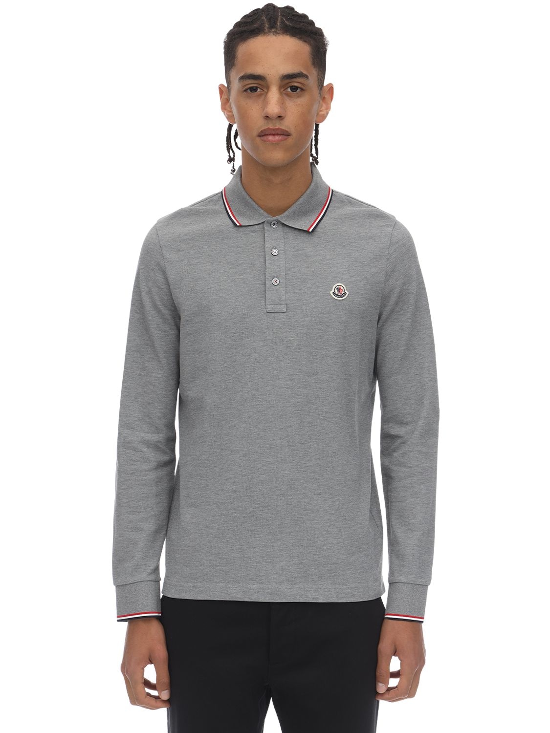 Moncler Logo Patch Cotton Polo Pique Ls Shirt In Grey