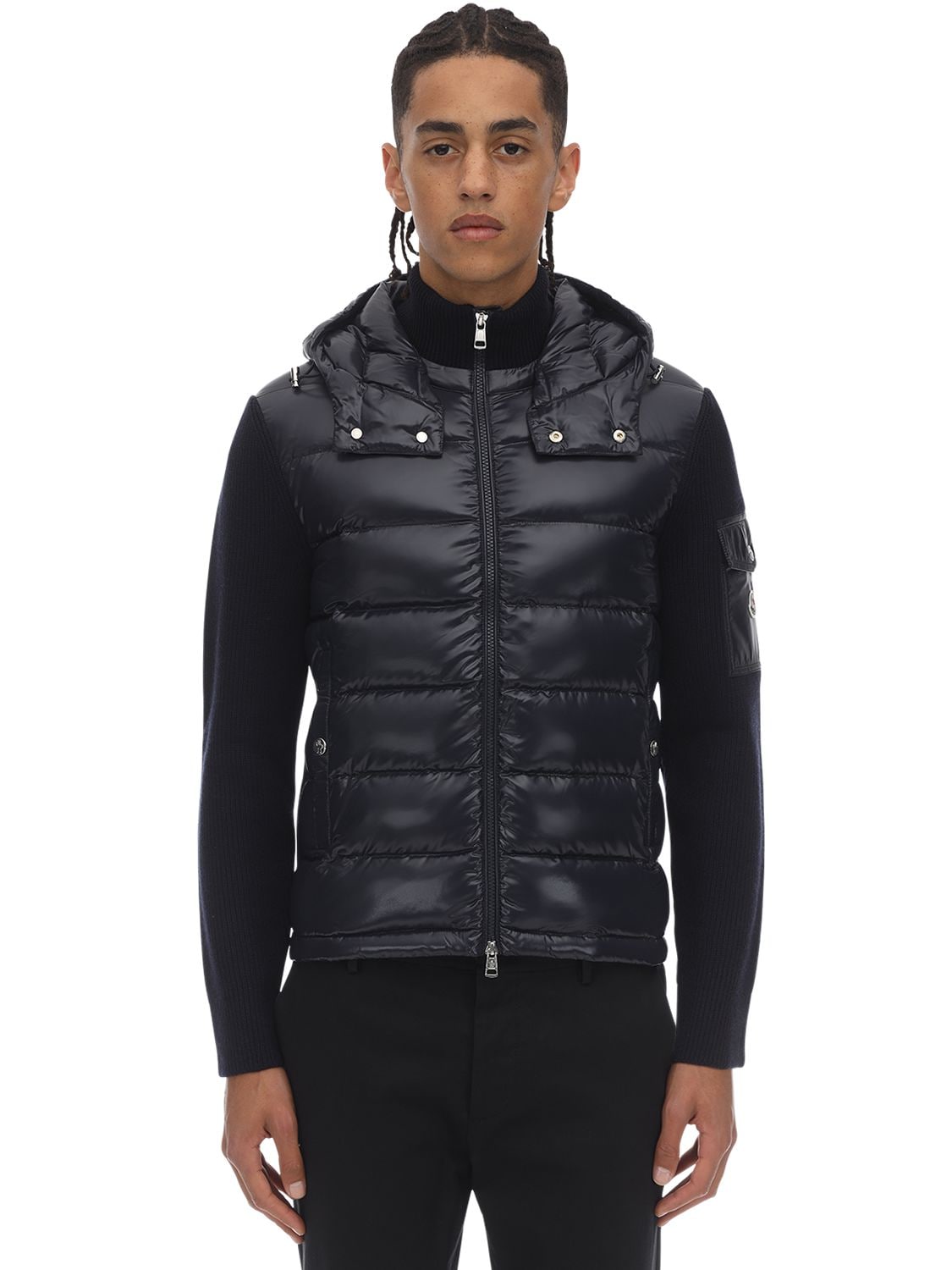 Moncler Hooded Nylon & Wool Knit Down Jacket In Navy