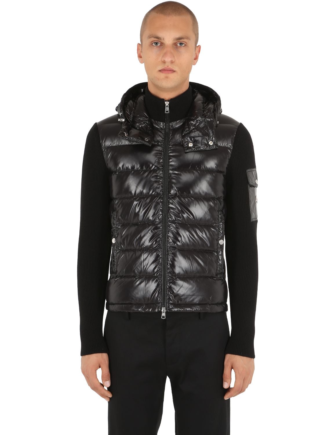 Moncler Hooded Nylon & Wool Knit Down Jacket In Black