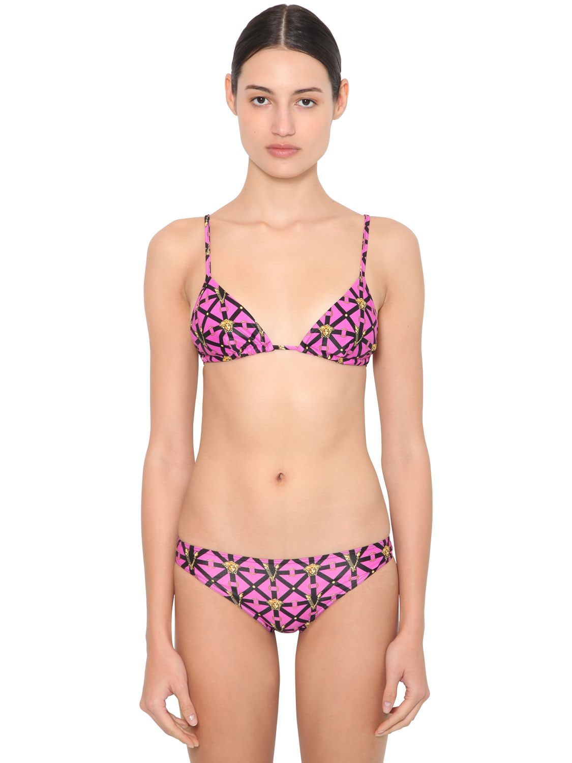 Printed Lycra Triangle Bikini Top In Fuchsia,multi