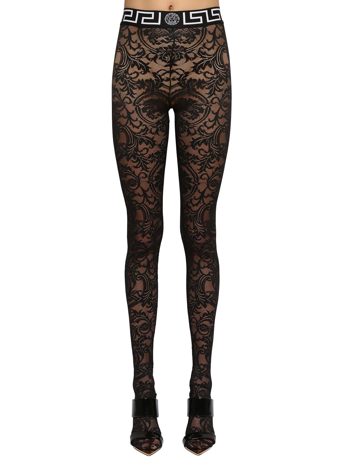 Versace Stretch Lace Footed Leggings In Black