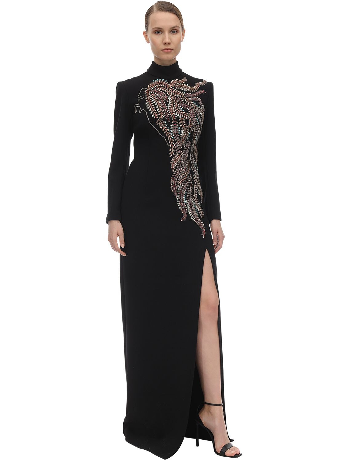 Sandra Mansour Long Embellished Crepe Dress In Black