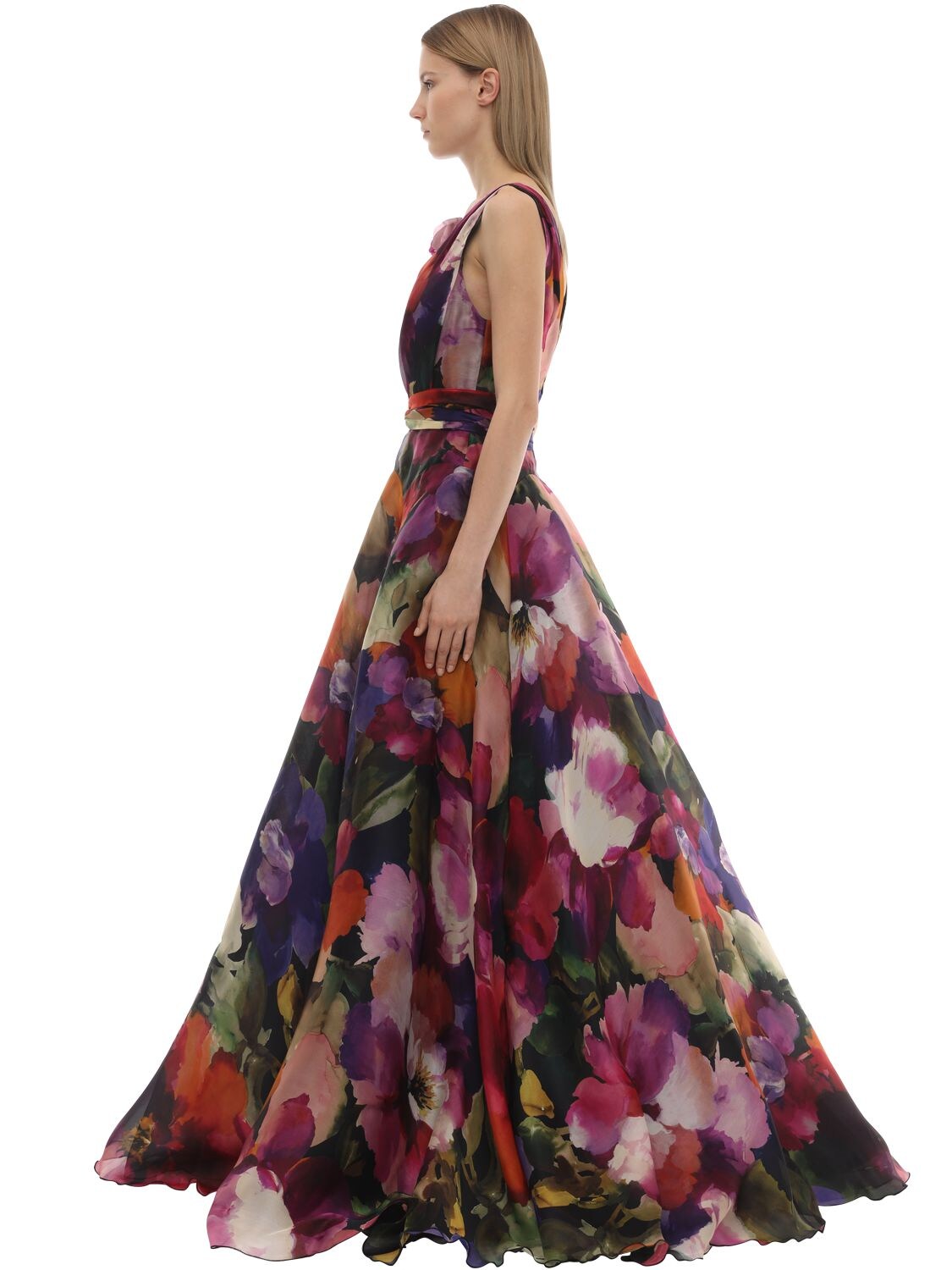 marchesa draped sleeve printed chiffon gown