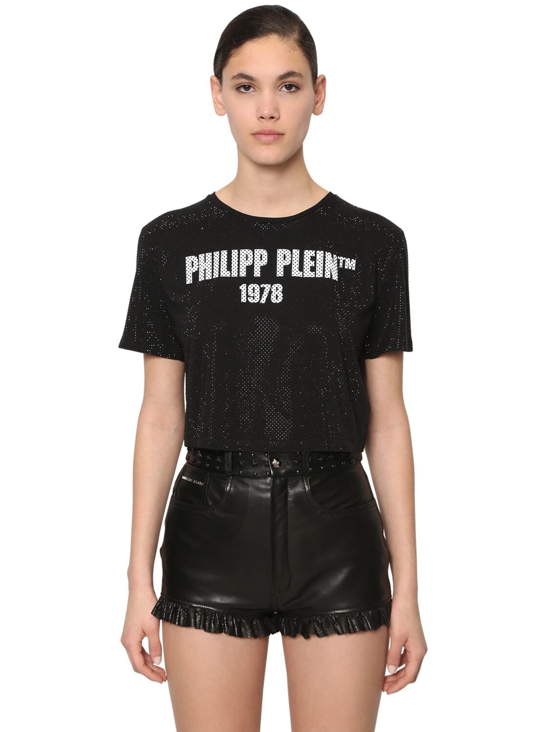 PHILIPP PLEIN 23 CRYSTAL CROPPED COTTON JERSEY T-SHIRT,70IX6Y007-MDI1