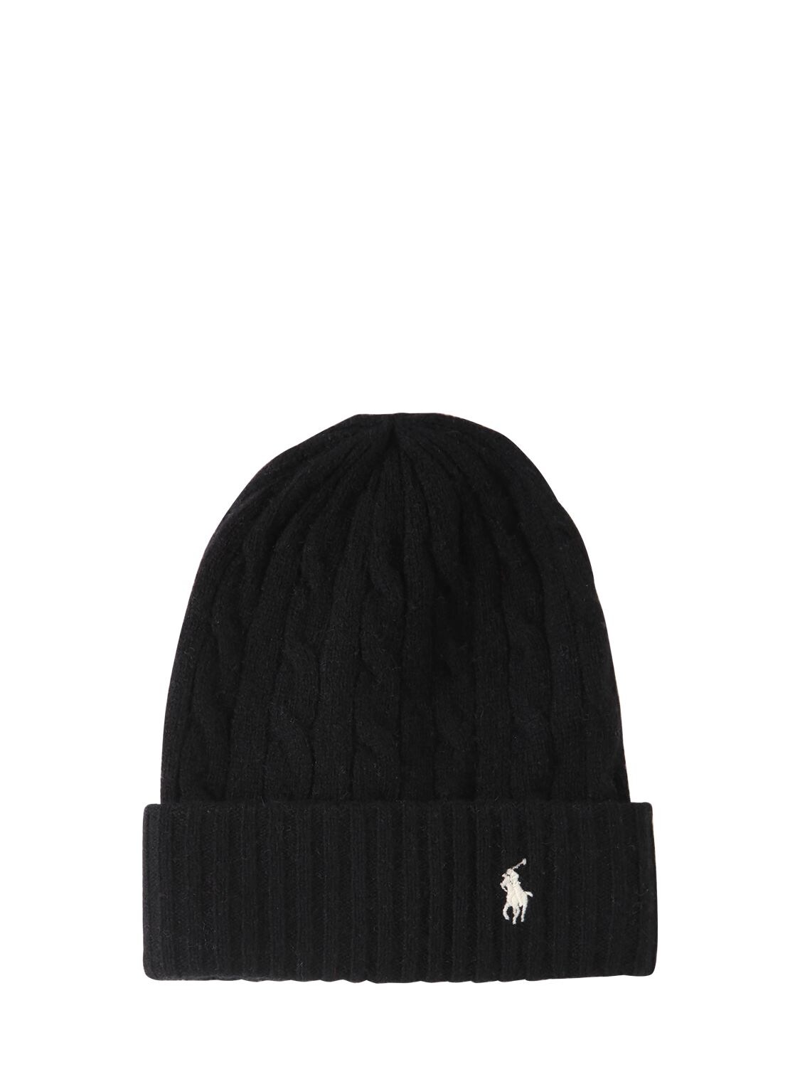 Polo Ralph Lauren Logo羊毛&羊绒绞花针织便帽 In Black