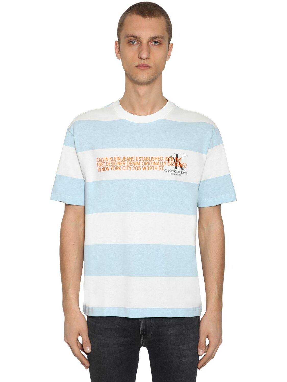 Calvin Klein Established 1978 Striped Logo Printed Cotton T-shirt In Blue,white