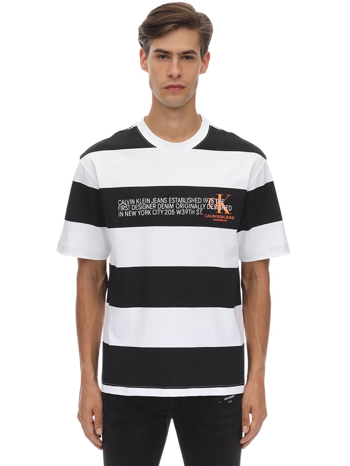 Calvin Klein Established 1978 Striped Logo Printed Cotton T-shirt In Black,white