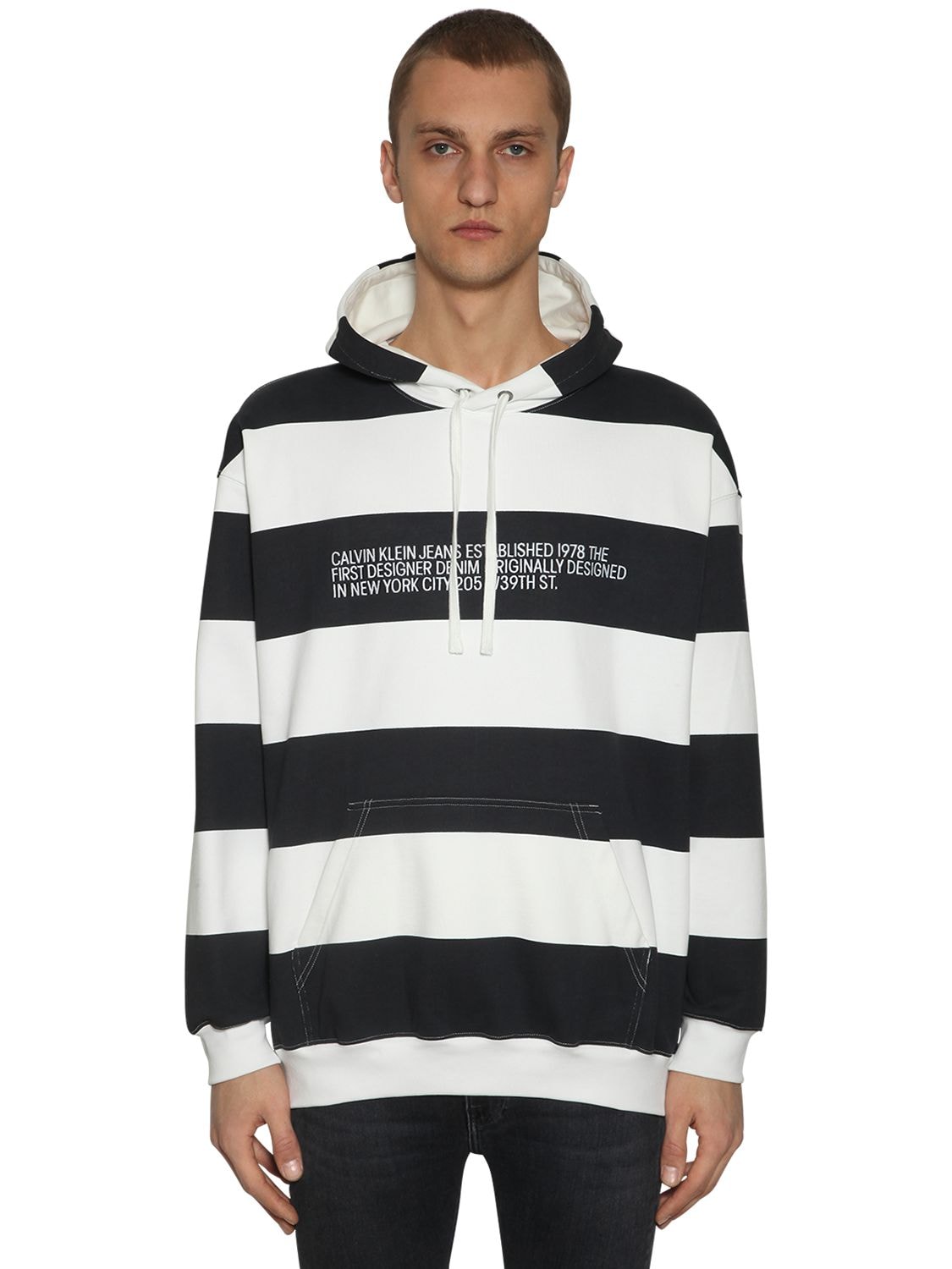 Calvin Klein Established 1978 Striped Logo Print Sweatshirt Hoodie In White,black