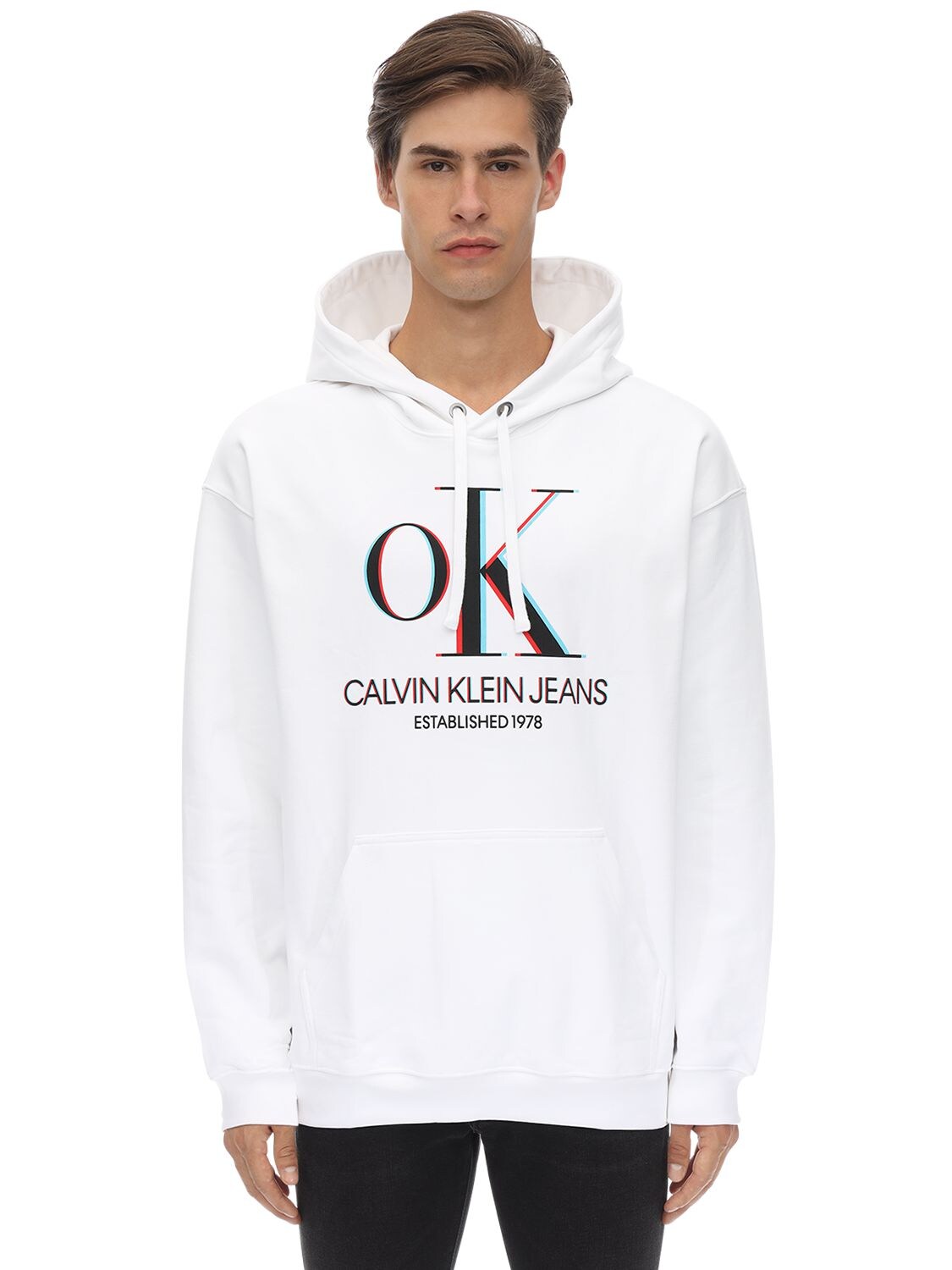 Calvin Klein Established 1978 3d Logo Print Cotton Sweatshirt Hoodie In White