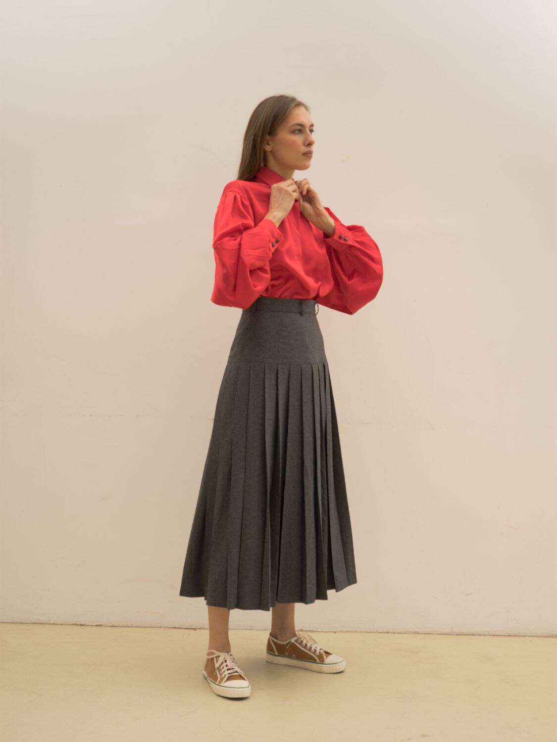 Pleated Wool Twill Midi Skirt